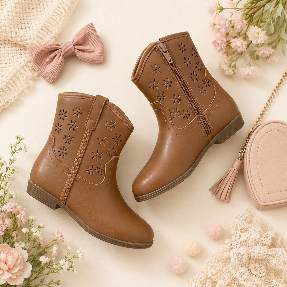 Thereabouts TH Charlee Cognac Brown Laser Cut Western Boots Girls Size 3M
